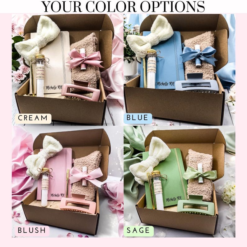 May include: Four gift boxes with different color themes: cream, blue, blush, and sage. Each box contains a notebook, a headband, a fluffy sock, a small bottle, and a hair clip. The notebook has the text "Michelle RM" on the cover.