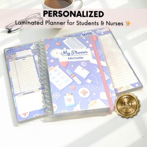May include: A personalized, laminated planner for students and nurses. The planner features a spiral binding, a light blue cover with medical-themed illustrations, and the name "Michelle." A "Best Seller" sticker is visible.