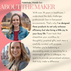 May include: A woman with blonde hair smiles at the camera. She is wearing a blue denim jacket. The text "About The Maker" is in large, bold letters at the top of the image. The text below describes the woman's experience in healthcare and her goal to create products that enhance efficiency and bring joy to people's lives.