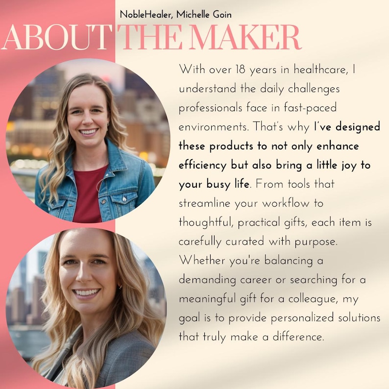 May include: A woman with blonde hair smiles at the camera. She is wearing a blue denim jacket. The text "About The Maker" is in large, bold letters at the top of the image. The text below describes the woman's experience in healthcare and her goal to create products that enhance efficiency and bring joy to people's lives.