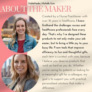 May include: A woman smiles in a close-up photo. The text "ABOUT THE MAKER" is at the top of the image. The text below reads "Created by a Nurse Practitioner with over 18 years in healthcare, I know firsthand the challenges nurses and healthcare professionals face every day. That's why I've designed these products to not only make your job easier, but to bring a little joy to your busy life. From tools that improve efficiency to fun and thoughtful gifts, each item is curated with care, because I believe you deserve products that work as hard as you do. Whether you're caring for patients or looking for a meaningful gift for a colleague, my goal is to support you with practical, personalized solutions that make a difference."