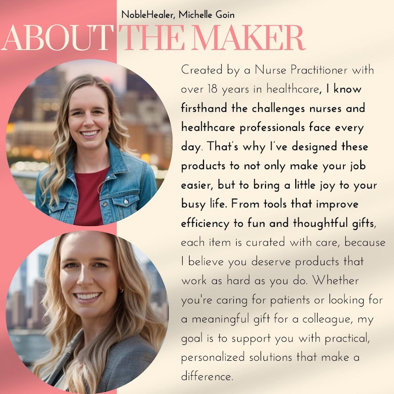 May include: A woman smiles in a close-up photo. The text "ABOUT THE MAKER" is at the top of the image. The text below reads "Created by a Nurse Practitioner with over 18 years in healthcare, I know firsthand the challenges nurses and healthcare professionals face every day. That's why I've designed these products to not only make your job easier, but to bring a little joy to your busy life. From tools that improve efficiency to fun and thoughtful gifts, each item is curated with care, because I believe you deserve products that work as hard as you do. Whether you're caring for patients or looking for a meaningful gift for a colleague, my goal is to support you with practical, personalized solutions that make a difference."