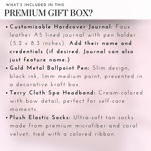 May include: A premium gift box containing a customisable hardcover journal, a gold metal ballpoint pen, a cream-coloured terry cloth spa headband, and plush elastic socks. The journal is faux leather and measures 13.2 x 21.1 cm.