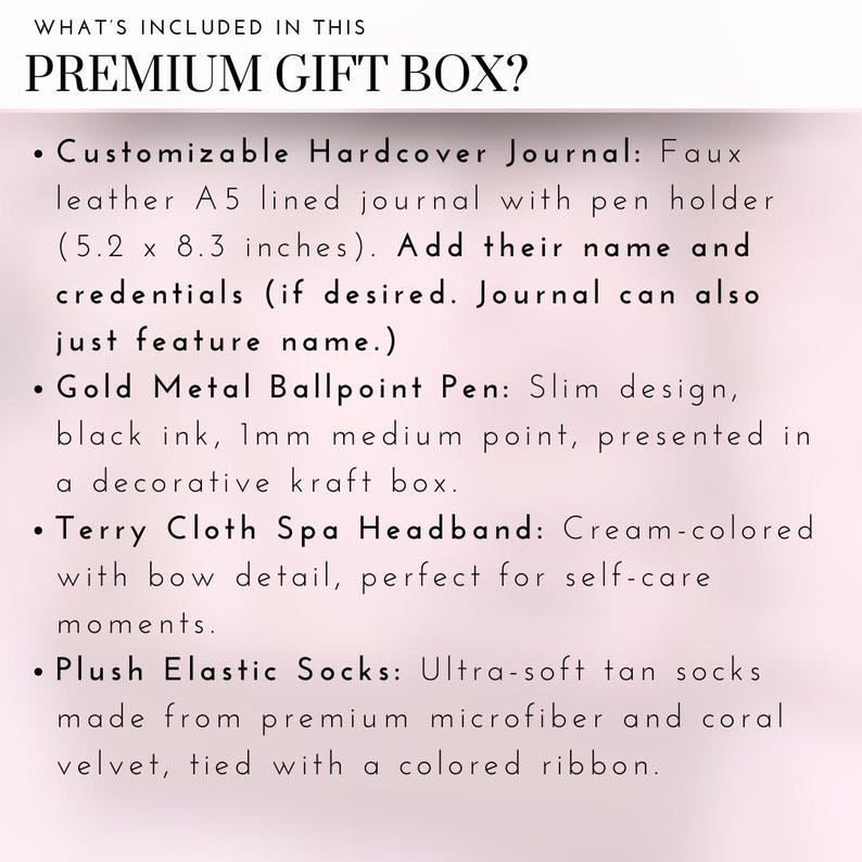 May include: A premium gift box containing a customisable hardcover journal, a gold metal ballpoint pen, a cream-coloured terry cloth spa headband, and plush elastic socks. The journal is faux leather and measures 13.2 x 21.1 cm.