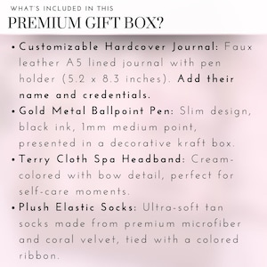 May include: A gift box containing a faux leather journal, a gold metal ballpoint pen, a cream-colored terry cloth headband, and ultra-soft tan socks made from microfiber and coral velvet. The journal is A5 size and measures 5.2 x 8.3 inches.