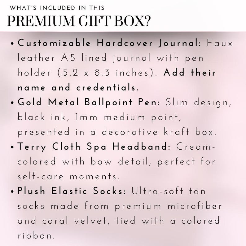 May include: A gift box containing a faux leather journal, a gold metal ballpoint pen, a cream-colored terry cloth headband, and ultra-soft tan socks made from microfiber and coral velvet. The journal is A5 size and measures 5.2 x 8.3 inches.