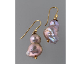 Pearl Drop Earrings, Double Seeded Baroque Mauve Pearls