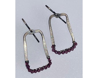 Long Oxidized Sterling Earrings with Garnet Beads