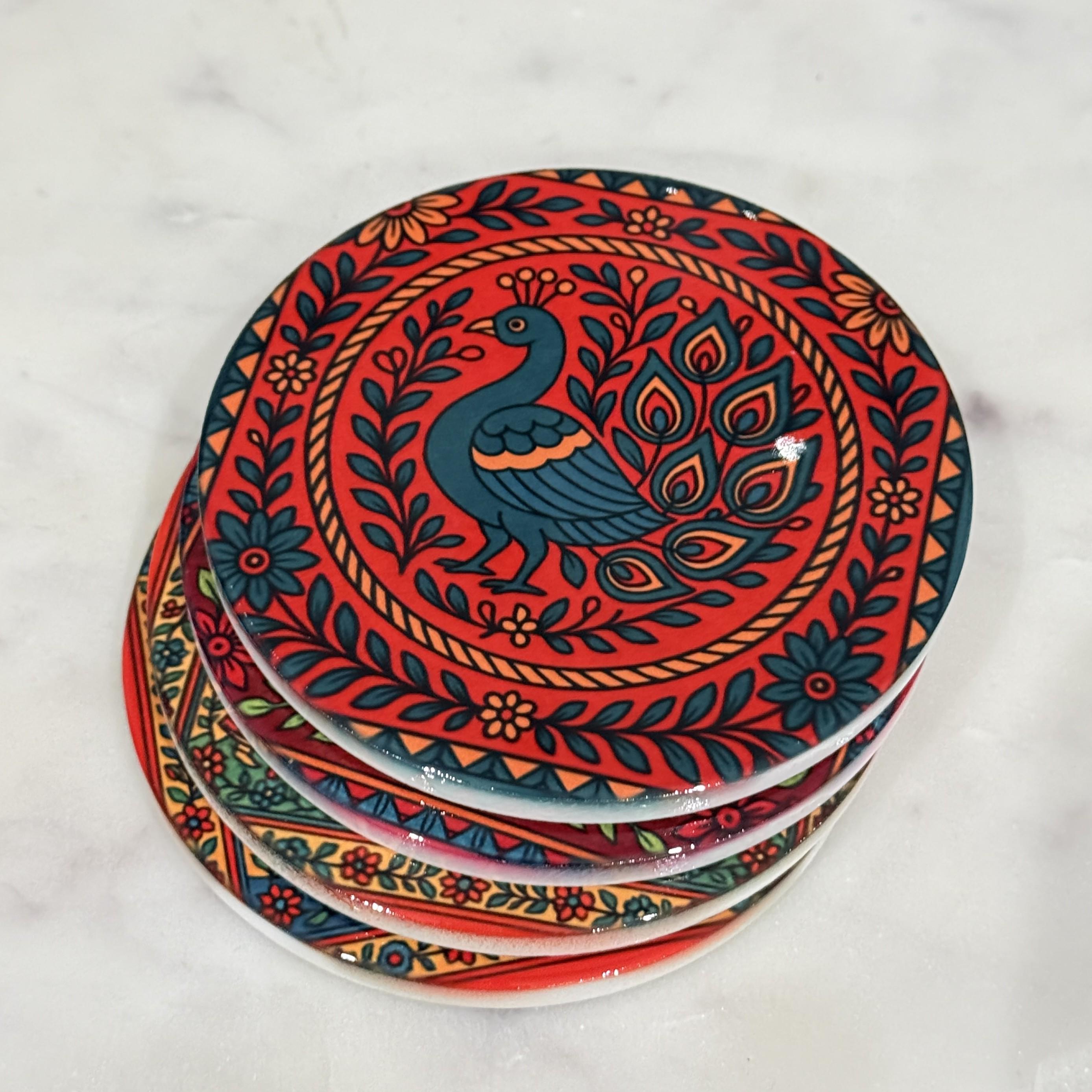 Madhubani Art Coaster Set | Indian Decor | Elephant Peacock Tree of ...