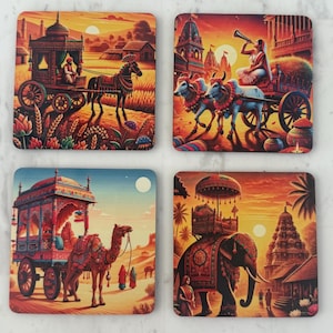 May include: Set of four square coasters featuring vibrant illustrations of traditional Indian scenes. Each coaster depicts a different mode of transport: horse-drawn carriage, bullock cart, camel caravan, and elephant procession, all set against a sunset backdrop.