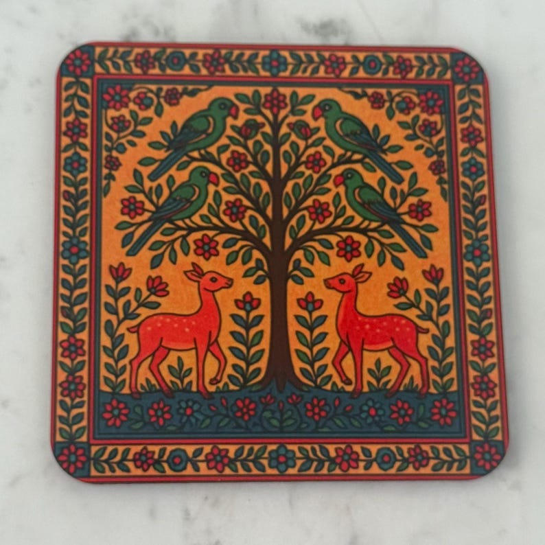 Madhubani Art Coaster Set | Indian Decor | Elephant Peacock Tree of ...