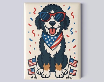 Patriotic Bernedoodle Magnet – 2.5x3.5" 4th of July Fridge Magnet, USA Dog Gift, Stars & Stripes Doodle Decor