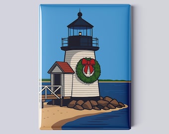 Brant Point Lighthouse with Christmas Wreath Magnet – Nantucket – 2.5x3.5” Iconic Coastal Art