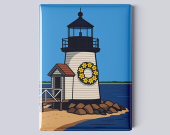 Brant Point Lighthouse with Daffodil Wreath Magnet – Nantucket – 2.5x3.5” Iconic Coastal Art