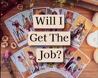 May include: Tarot cards spread out on a wooden table with the question "Will I Get The Job?" written on a beige background. The cards include the Seven of Wands, The Chariot, The Eight of Swords, The Page of Wands, The Nine of Swords, and The Knight of Swords.