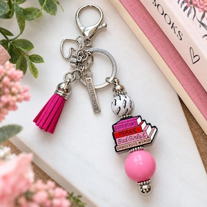 Book Lover Purse Charm & Keychain | Handmade Bookish Accessory | Pink Tassel and Beaded Charm | Book Girly Gift | Reader Gift