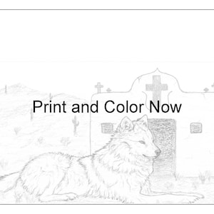 May include: A black and white line drawing of a wolf lying down in front of a building with a cross on top. The text "Print and Color Now" is written in the center of the image.