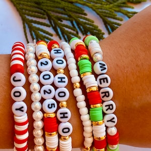 Christmas Stacking Beaded Bracelet, Handmade, Custom Word Bracelet Christmas Gifts, Personalized Christmas Gift Bracelet