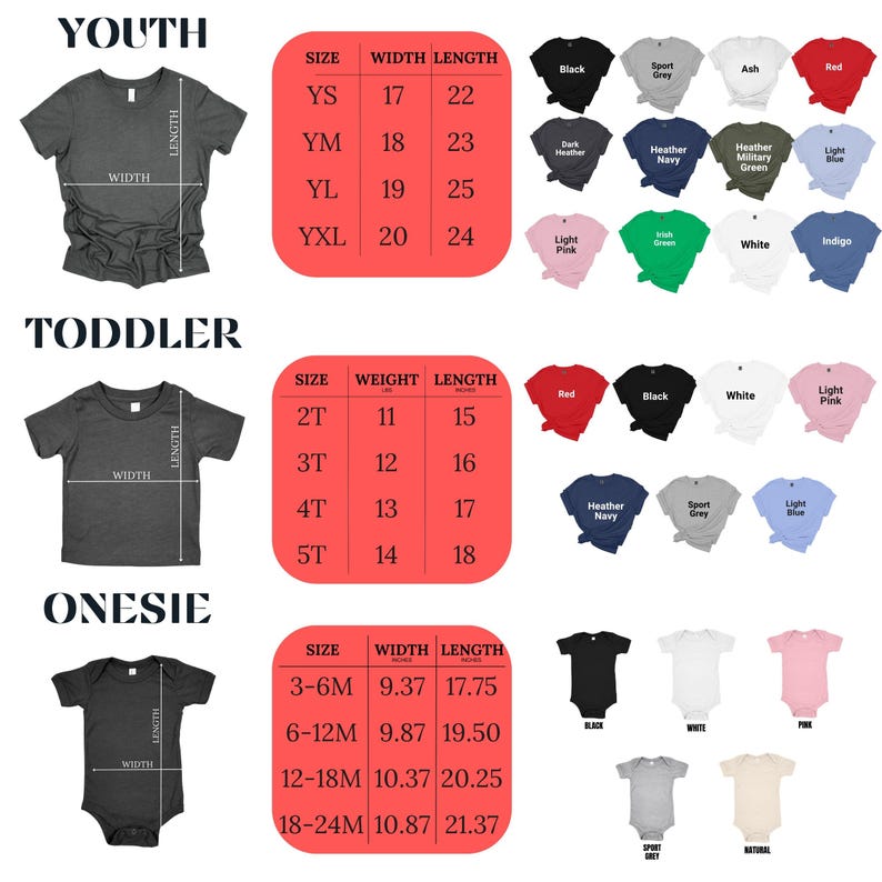 Op de afbeelding: Maattabel voor jeugd-, peuter- en rompertjes. De tabel toont de maat, breedte en lengte in inches voor elke maat. De tabel toont ook het gewicht en de lengte voor peutermaten. De tabel staat op een witte achtergrond met rode, zwarte en witte tekst.