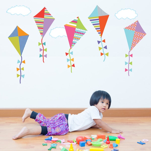 Wall Decals Kites Multi color Kites with Clouds, Color 1, Eco Friendly Removable and Reusable Fabric Wall Stickers