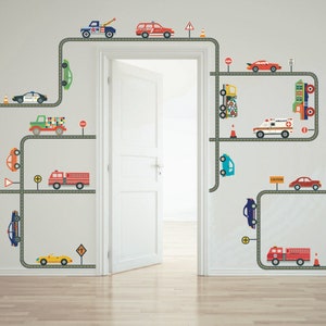 Transportation Cars, Trucks, Emergency Vehicles, Gray Straight & Curved Road Wall Decals, Removable Reusable Wall Stickers