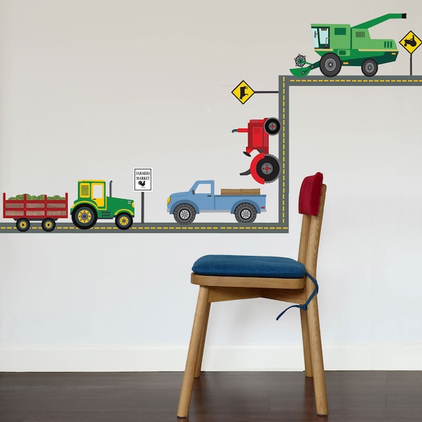 Four Farm Vehicle Wall Decals plus Straight Road, Peel and Stick Repostionable Eco-friendly Tractor Wall Stickers