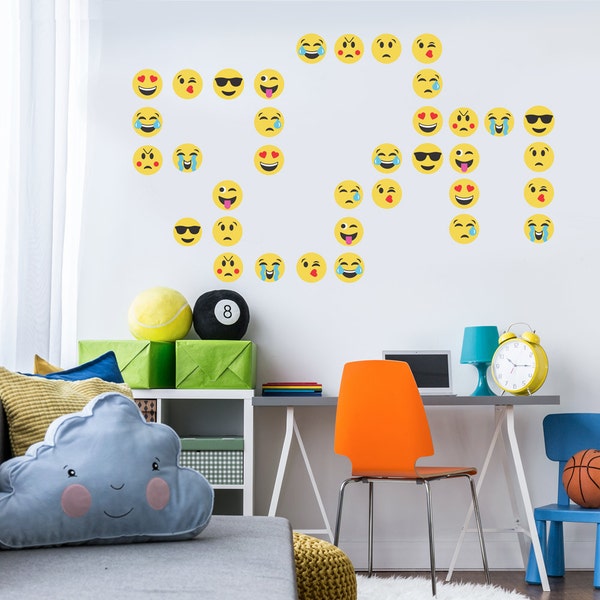 36 Emoji Wall Decals, Matte Fabric Eco-friendly Peel and Stick Emoji Stickers like smiley face frowny face iphone emoji