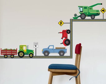 Four Farm Vehicle Wall Decals plus Straight Road, Peel and Stick Repostionable Eco-friendly Tractor Wall Stickers