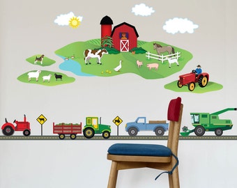 Farm Scene plus Four Farm Vehicle Wall Decals & Straight Road, Peel and Stick Removable and Reusable Eco-friendly Fabric Wall Stickers