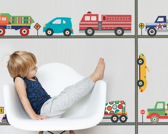 Wall Decals Trucks, Cars & 30 Ft of Straight Gray Road Decals, Removable and Reusable Eco Friendly Fabric Car Stickers