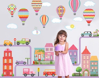 Large Girl's Dollhouse Town Wall Decals with Adventure Cars, Hot Air Balloons and Purple Road, Reusable Eco-friendly Wall Stickers