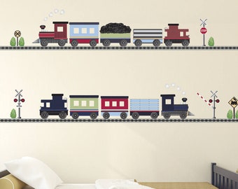 2 Freight Car Train Wall Decal with 2 Straight Railroad Track, Train Decal Removable and Reusable Train Wall Sticker Color 2