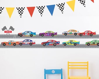 Race Car Wall Decals plus straight Race Track Checkered Flags Racing Pennants, Removable and Reusable Auto Racing Wall Stickers