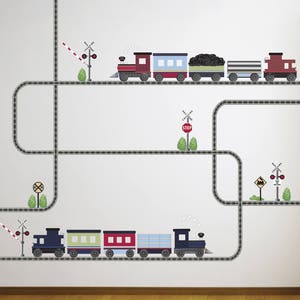 2 Freight Car Train Wall Decal w/ Railroad Track Straight and Curved Train Decal Removable and Reusable Train Wall Sticker Color 2
