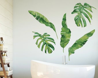5 Tropical Palm Leaves Banana Leaves Wall Decals Matte Fabric Wall Stickers, Monstera Leaves