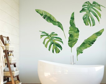 5 Tropical Palm Leaves Banana Leaves Wall Decals Matte Fabric Wall Stickers, Monstera Leaves