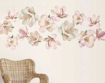 Medium Magnolia Flower Wall Decals, Set of Eco Friendly, Peel and Stick, Removable and Reusable Floral Wall Stickers