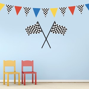 Large Racing Checkered Flags plus Race Car Pennants Decals, Eco-Friendly, Peel and Stick, Removable and Reusable Fabric Matte Wall Stickers