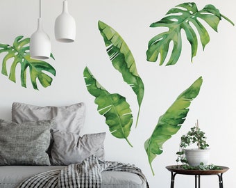 5 Tropical Palm Leaves Banana Leaves Wall Decals Matte Fabric Wall Stickers, Monstera Leaves