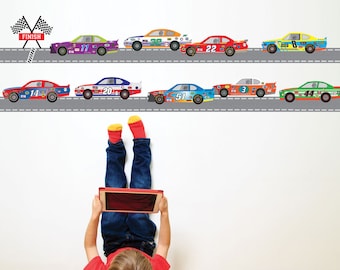Race Car Wall Decals plus straight Race Track Checkered Flags, Removable and Reusable Eco-Friendly Matte Auto Racing Wall Stickers