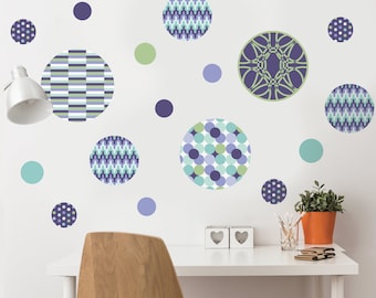 Patterned Dots Wall Decals, Purples, Turquoise Blue andGreen  Dot Decals Wall Stickers, Removable and Reusable