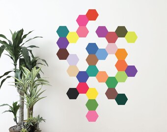 Hexagon Wall Decal 32 Mod Solid Colors Hexagons Decals, Modern Art Geometric Decals Peel and Stick Repositionable Honeycomb Decals