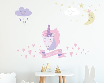 Hello World Unicorn Decals, Stars, Moon, Clouds, Pink, Purple, Fabric Wall Decals Matte Eco-Friendly Stickers