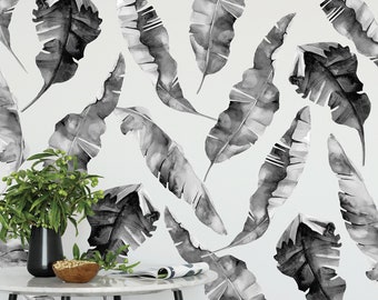8 Large Black, Gray and White Banana Leaves Wall Decals, Eco-Friendly Matte Fabric Tropical Wall Stickers