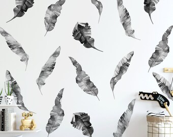8 Medium Black and White  Banana Leaves Wall Decals, Eco-Friendly Reusable Matte Fabric Tropical Decals
