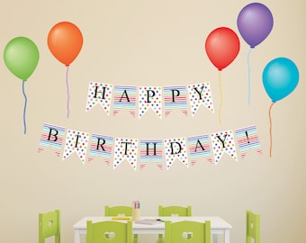 Wall Decals Happy Birthday Bunting Flags and Balloon Decals, Removable and Reusable Peel and Stick Colorful Party Decor