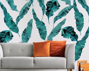 8 Large Banana Leaves Blue Green Wall Decals, Eco-Friendly Matte Fabric Tropical Wall Stickers