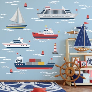 Nautical Wall Decals, Sailboat and Ship Wall Stickers and Ocean Waves, Nursery Decals, Matte Fabric Removable Kids Wall Decals