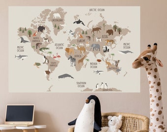 Neutral World Map Wall Decal, Peel and Stick Kids World Map Wall Mural, Children's World Map with Animals Col 2