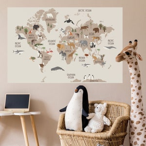 Carte du monde neutre Décalcomanie murale, Peel and Stick Kids Carte du monde Murale, Carte du monde pour enfants avec animaux Col 2